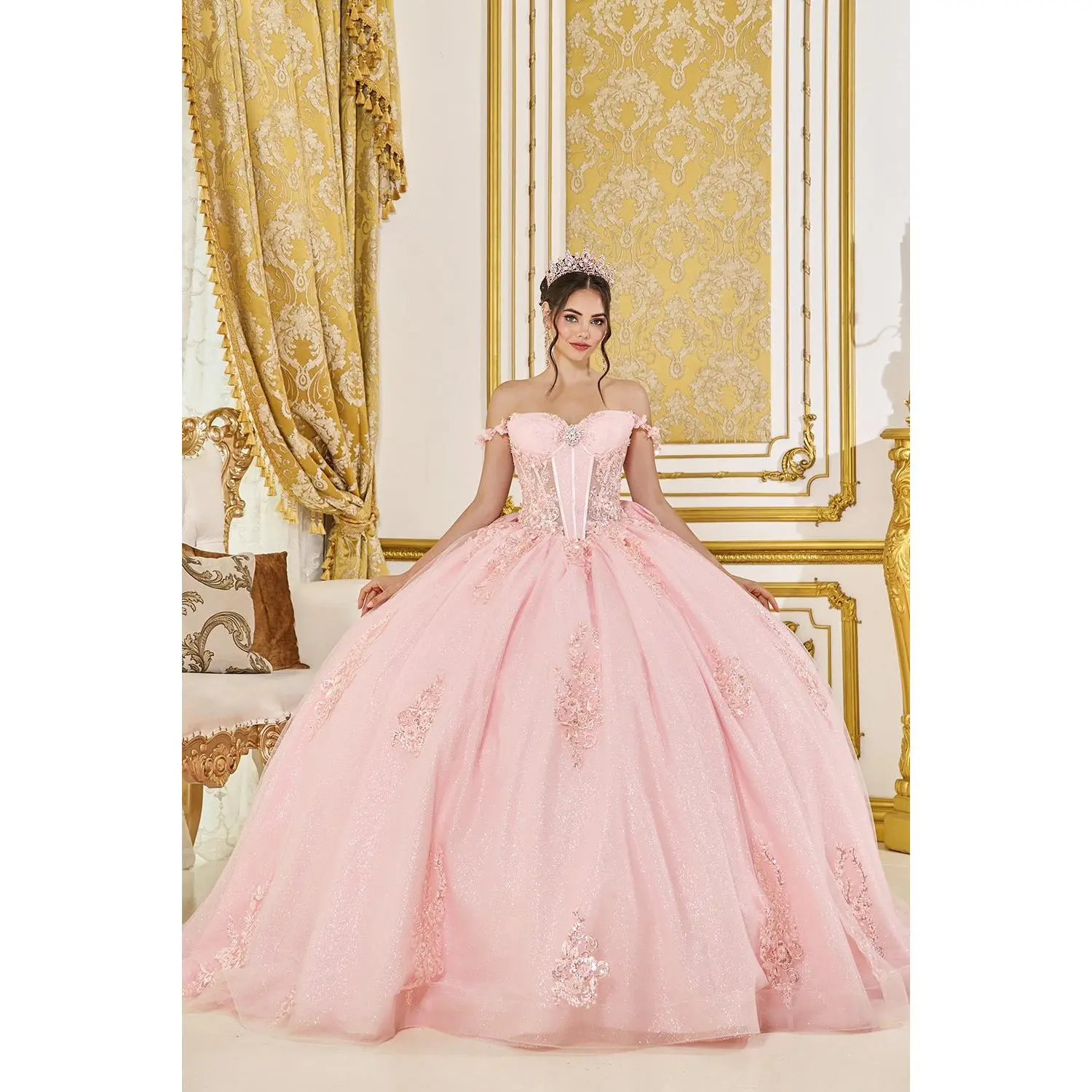 Pink Off-the-Shoulder Quinceañera Ball Gown | Corset Lace-Up Back