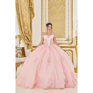 Pink Off-the-Shoulder Quinceañera Ball Gown | Corset Lace-Up Back