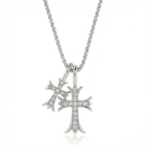 2026 Double Cross Pendant Necklace Stainless Steel Cubic Zirconia Exquisite Christian Gift Unisex Jewelry for Men & Women
