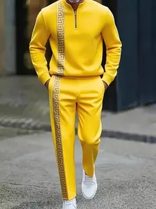 Men's fashionable gold-trimmed half-zipper sweater set, unique paper print to create a casual image of a man, adult casual wear in all seasons, high-quality fabric texture, suitable for gift-giving travel Long Sleeve Summer Clothes Set Summer Outfit Set