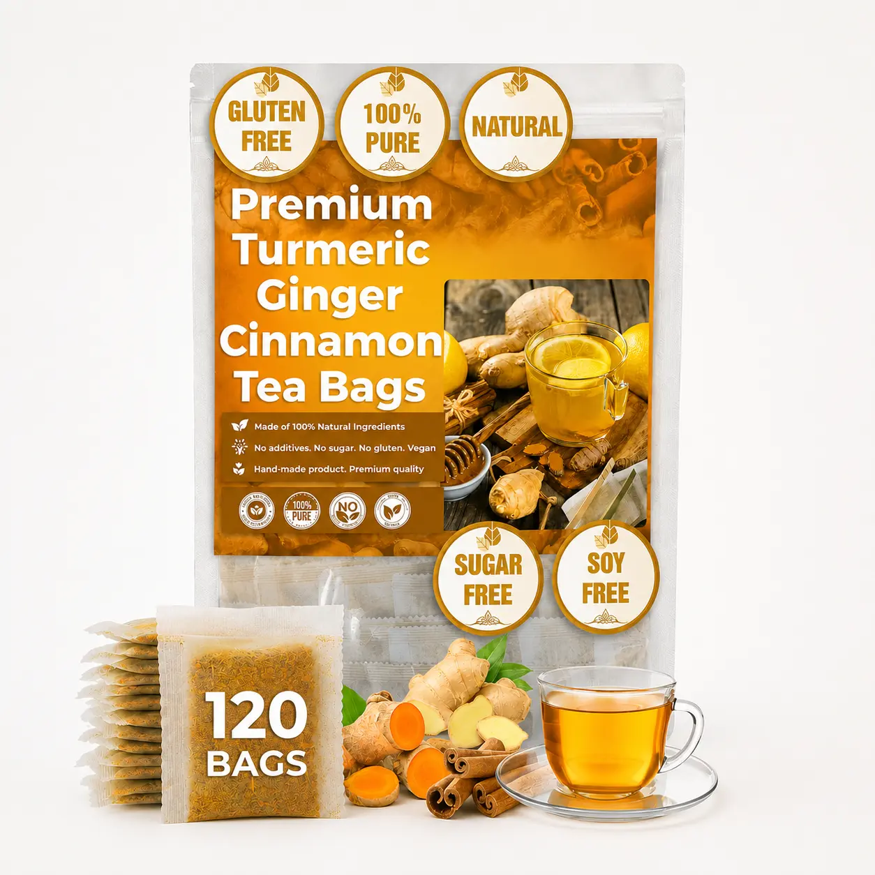 Traditional Turmeric Ginger Cinnamon Health Tea Blend - Premium Handcrafted, Caffeine-Free, Sugar-Free, All-Natural Ingredients, Earthy Turmeric, Spicy Ginger Warmth, Soothing Warming Beverage for Adults, 120 Count Tea Bags