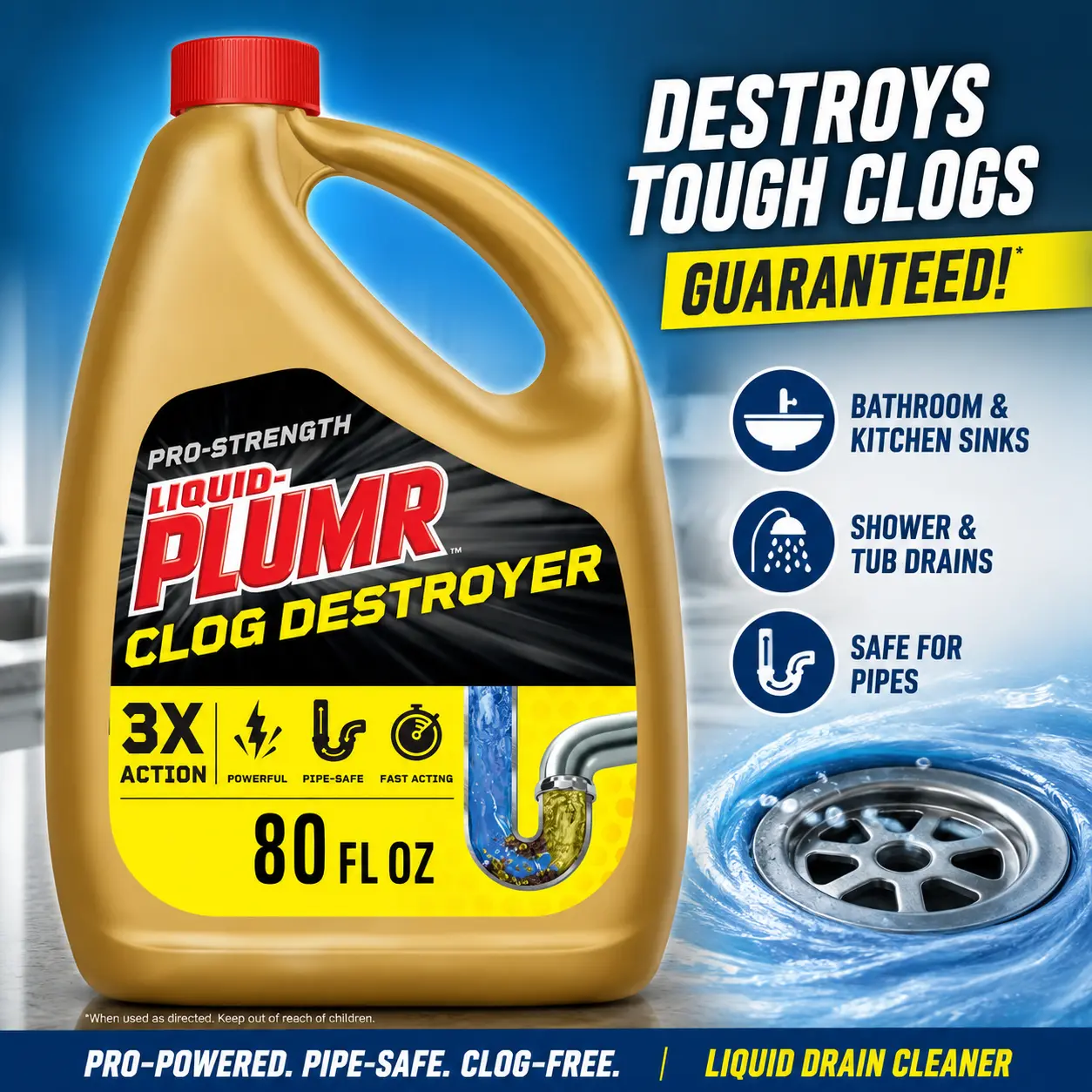 Liquid-Plumr Pro-Strength Full Clog Destroyer, Bathroom & Kitchen Sinks, Shower and Tub Drain, Safe for Pipes, Liquid Drain Cleaner, 80 Fluid Ounces
