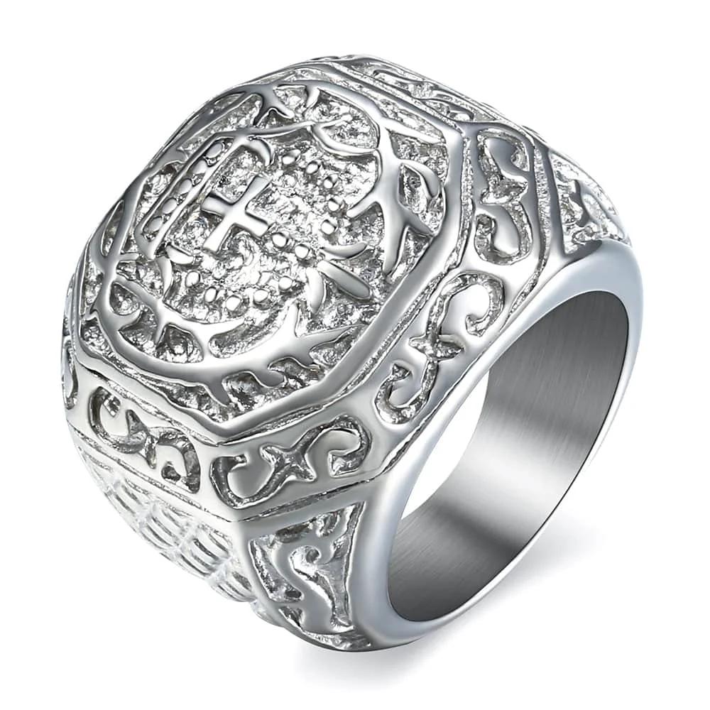 316L Stainless Steel Men's Rock N Roll Ring with Carved Cross Crown Fashion Jewelry Gift