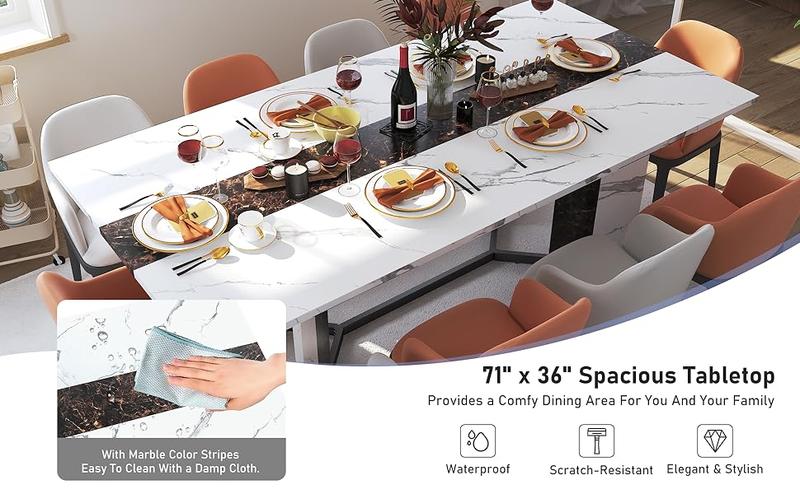 71" Large Luxurious Rectangular White Dining Table for 6 8 10 People with Marble-Color Wood Tabletop, Metal Adjustable Leg. Modern 6ft Family Dinner Table for Rustic Office Kitchen Living Room 71" Large Luxurious Rectangular White Dining Table for 6 8 10 People with Marble-Color Wood Tabletop, Metal Adjustable Leg. Modern 6ft Family Dinner Table for Rustic Office Kitchen Living Room