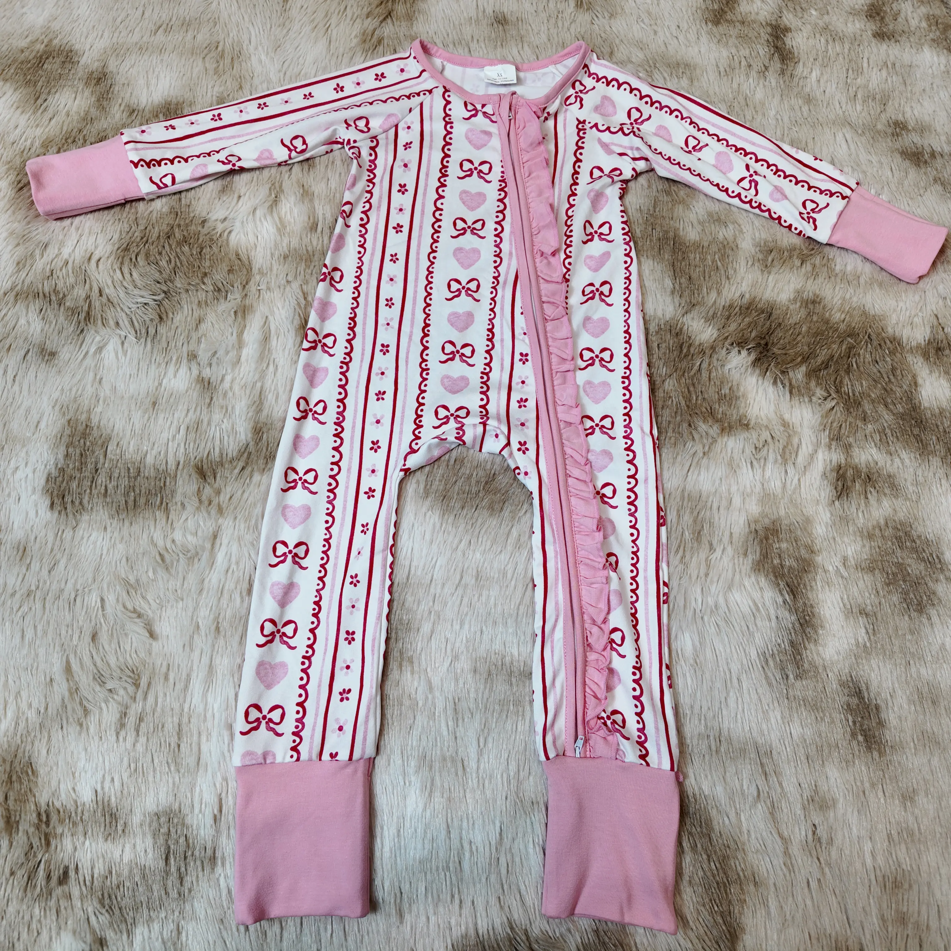 Baby Girls Long Sleeve 1-Piece Sleepwear, Pink Ruffle Heart Bow Printed Valentine's Day Zipper Sleeper, Infant Pajamas, Baby Girls Clothing