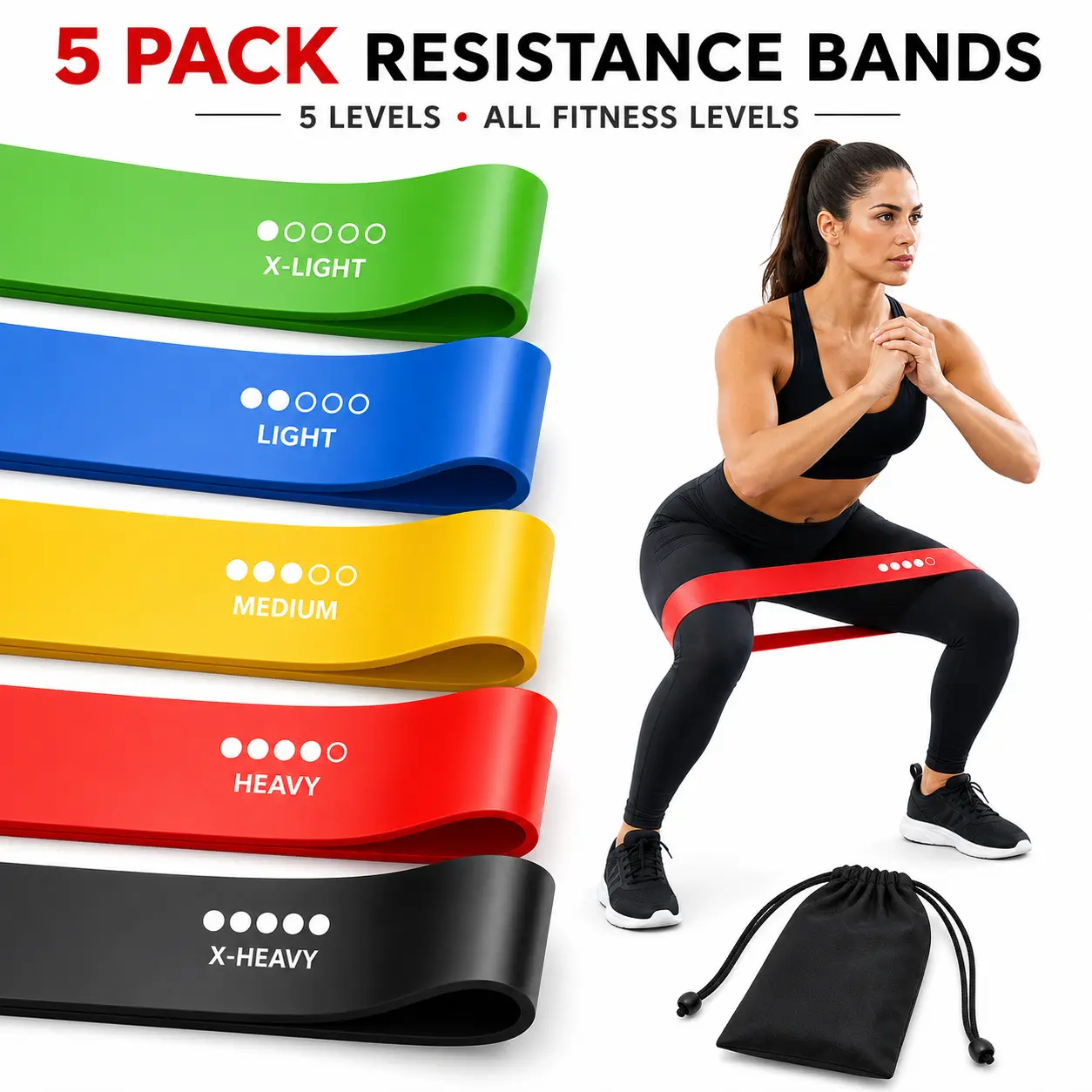 Resistance Bands 5-Pack, Elastic Workout Equipment for Lower Body & At-Home Glute Growth, Home Workout Gear for Men & Women (Ideal for Strength Training, Pilates), Home Gym Equipment