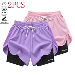 Women’s athletic running shorts, faux two-piece design, suitable for gym workouts and running tracks