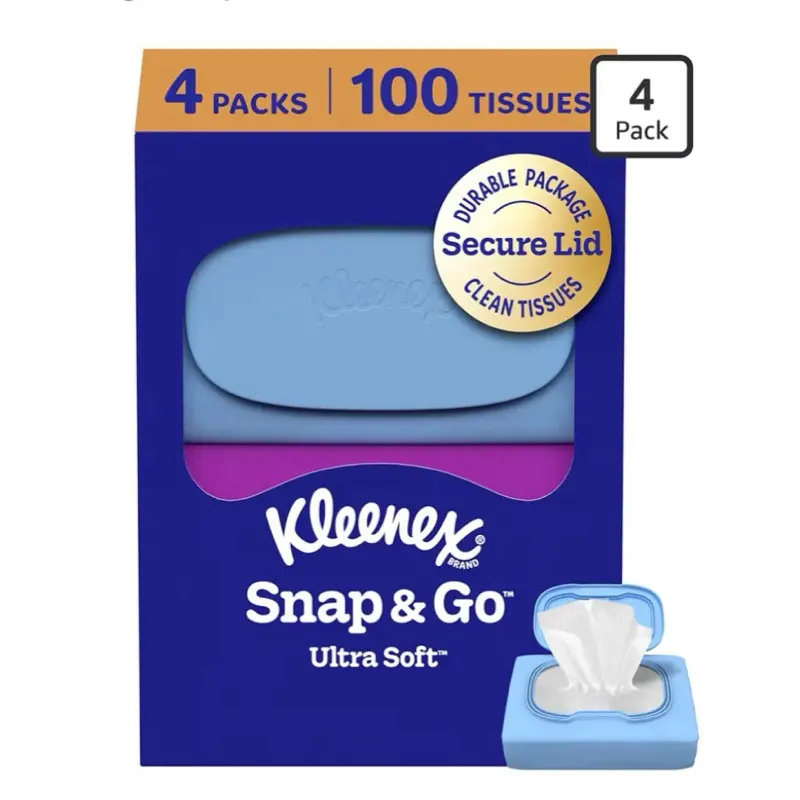 Kleenex Snap & Go Ultra Soft Facial Tissues, 4 On-the-Go Packs, 25 Tissues per Pack, 3-Ply, Packaging May Vary Napkin