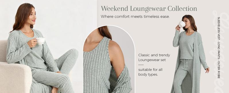 VRcomfy Women's 3 Piece Loungewear Set Knit Long-Sleeve Cardigan Cropped Top Loungewear Set