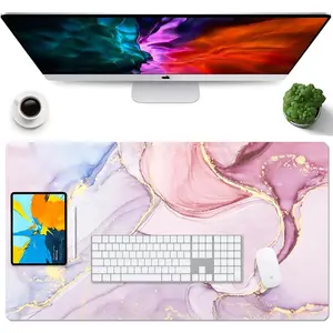 Pink Green Marble Flower Desk Mat Desk Mouse Pad, Dual Side PU Leather Desk Pad for Keyboard and Mouse, Large Waterproof Desk Mat for Desktop, Desk Writing Mat for Office Home 23.6''x13.7''