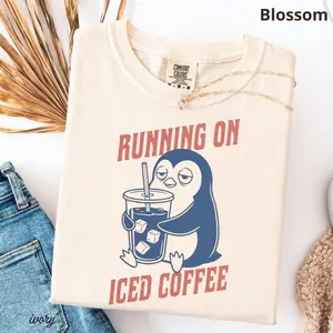 Comfort Colors Running on Iced Coffee Penguin T-Shirt, Funny Coffee Lover Tee, Unisex Crewneck TShirt, Cute Penguin Gift
