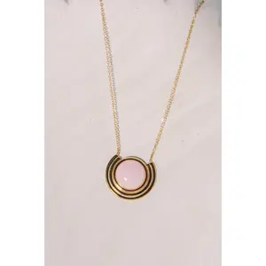 Mentally on a Cruise-Pink Stone Gold Necklace – Non-Tarnish Waterproof Stainless Steel Pendant Necklace