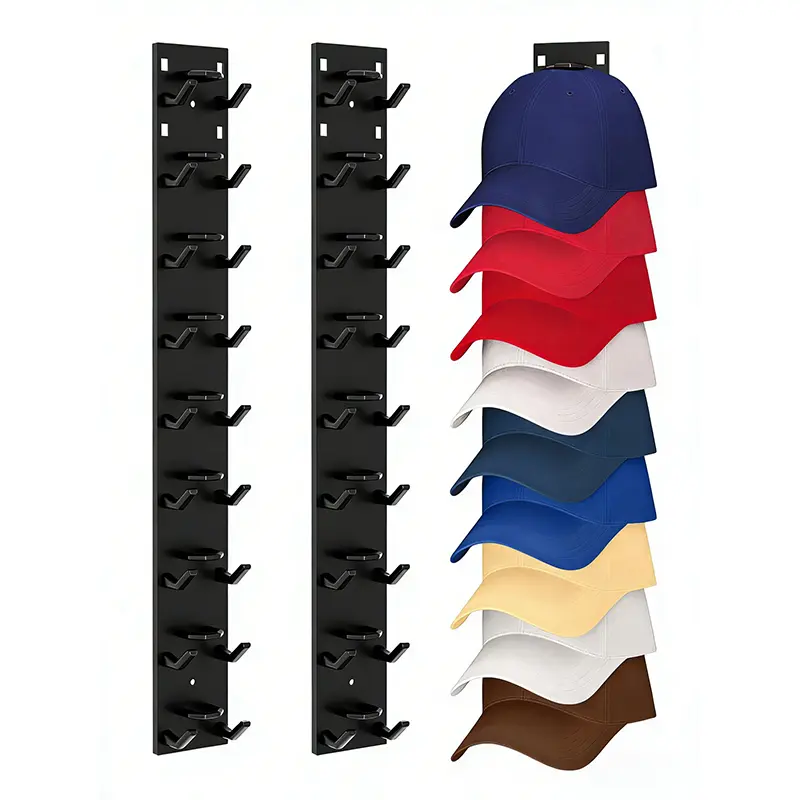 2 Pack Hat Organizer for Baseball Caps, Strong Adhesive Hat Rack for Wall, Multilayer Hat Storage Display Holder, Wall Mounted Hat Hooks Hold up to 18 Hats for Closet Door and Bedroom (Black)