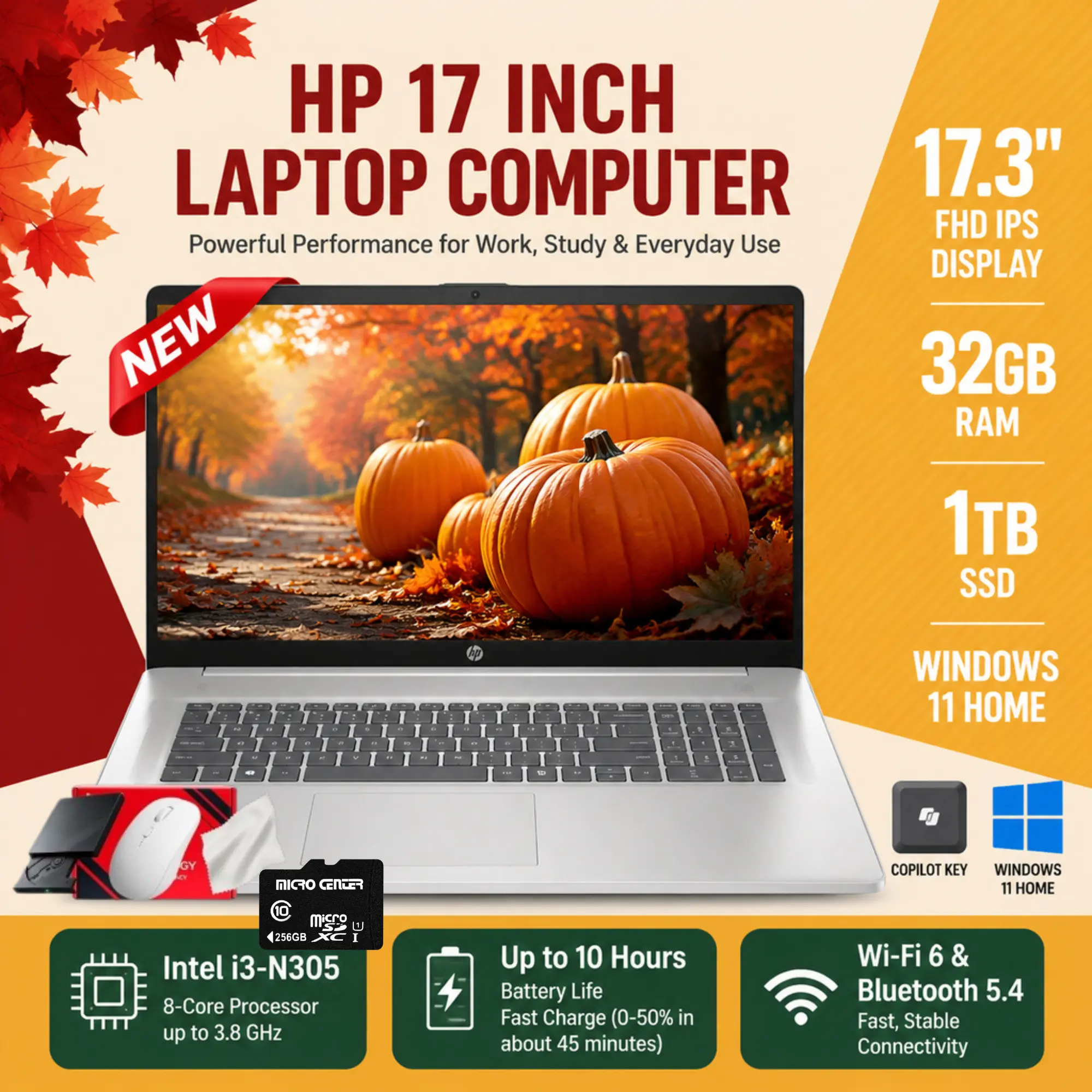 HP 17.3" FHD IPS Laptop, 8‑Core Intel i3‑N305, Up to 32GB RAM 1TB SSD, Windows 11 Home, Fast Charge, WiFi 6 Bluetooth 5.4 HD Webcam, Bundle Accessories Included, for Student & Business