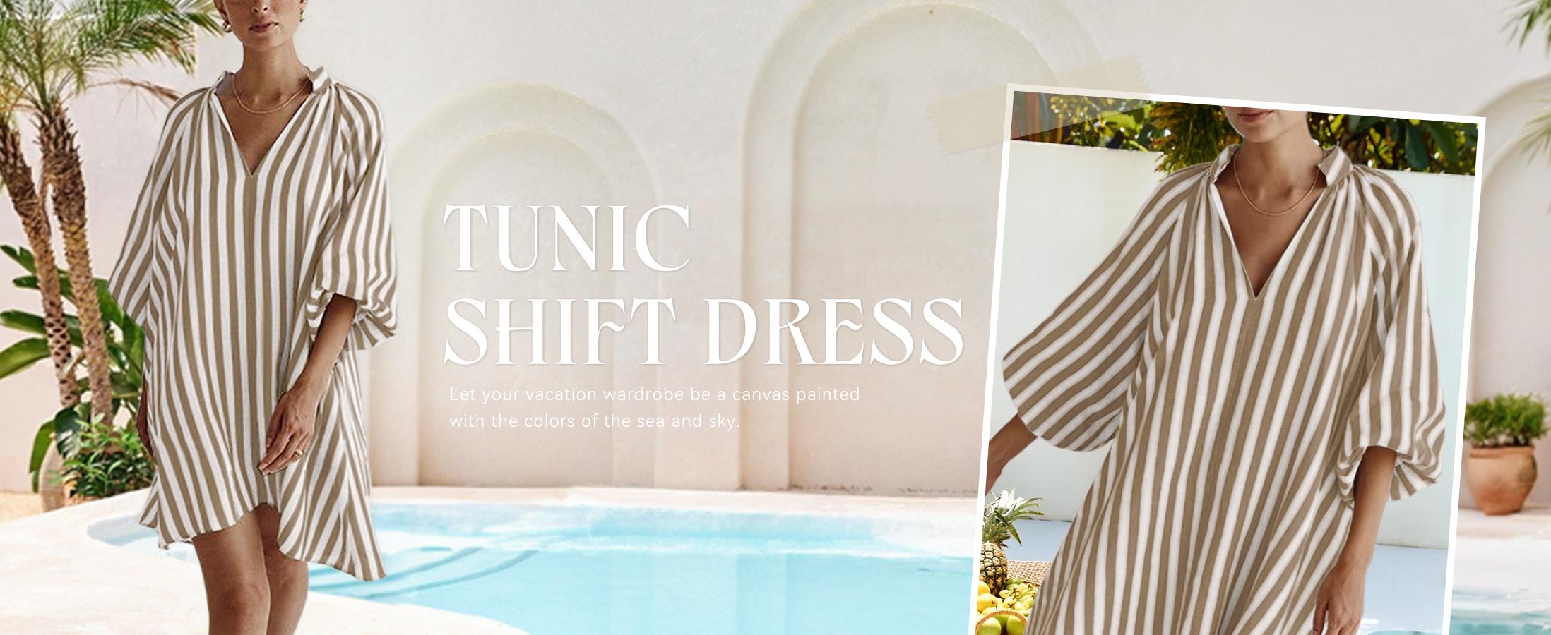 CHARTOU Women Mini Dress Summer Striped Beach Vacation 3/4 Sleeve Boho Chic Outfits Tunic Shift Dress CHARTOU Women Mini Dress Summer Striped Beach Vacation 3/4 Sleeve Boho Chic Outfits Tunic Shift Dress