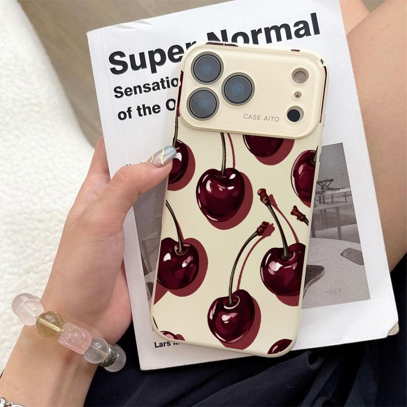 Low-Saturation Retro Red Cherry Pattern Dopamine Ins Style Solid Color Phone Case Ultra Skin Friendly Touch All Inclusive Lens Compatible with Apple iPhone 17 Air 16 15 14 13 12 Por Max