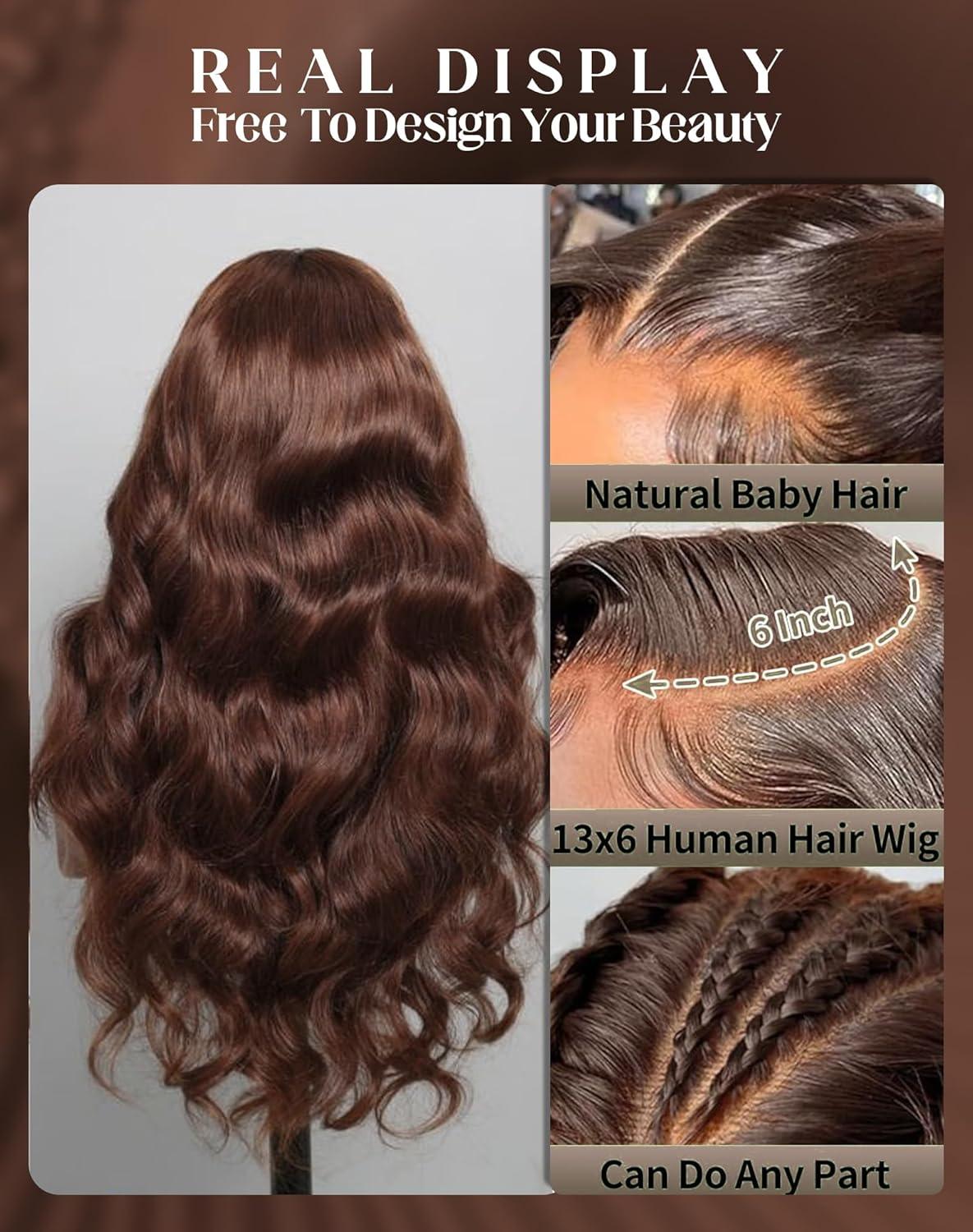 Mamushow 200% Density #4 Chocolate Brown & #1 Jet Black 13x6 Body Wave Full Lace Frontal Human Hair Wigs Wavy Natural Appearance Substantial Comfortable Fit