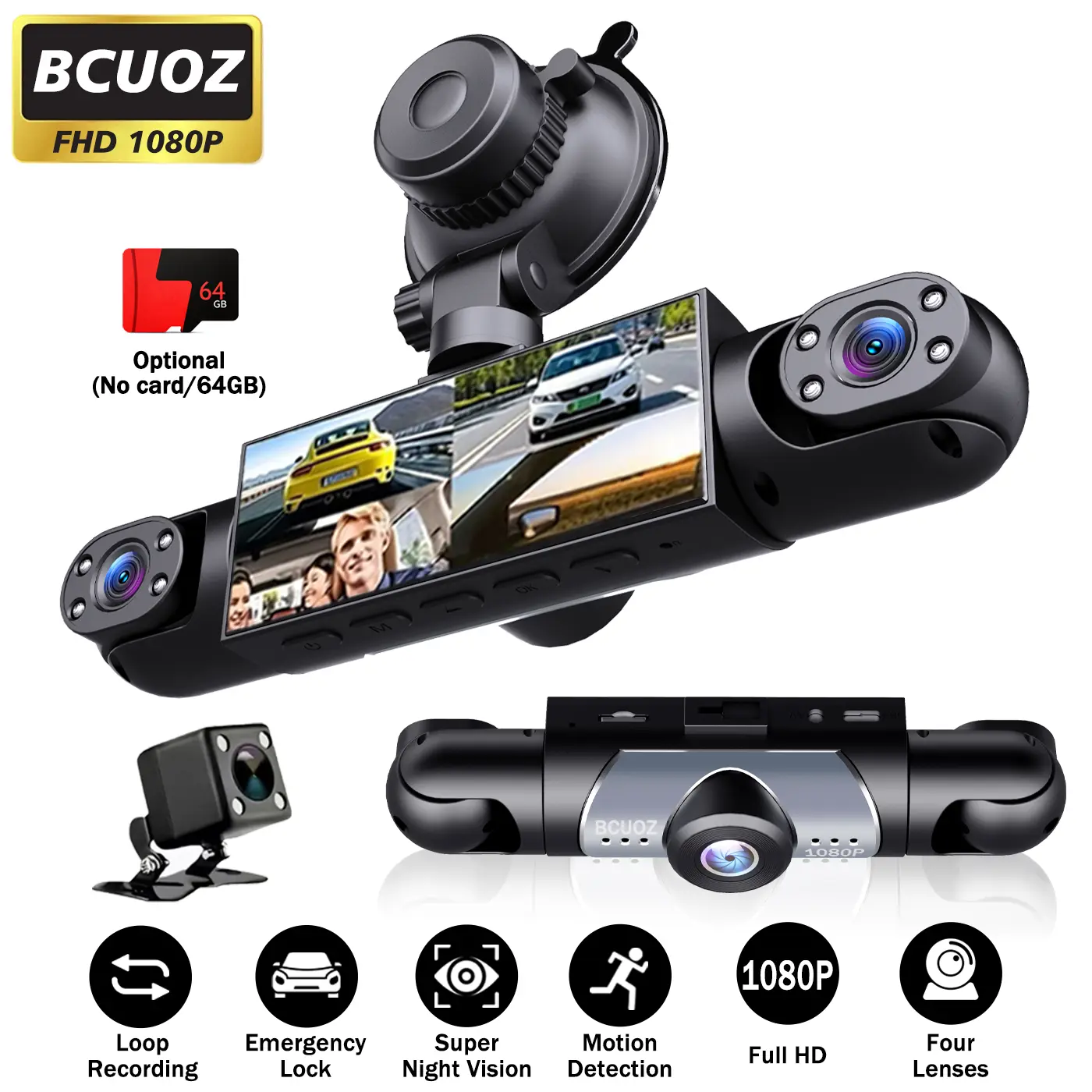 BCUOZ 4-Channel  Dash Cam,1080P Full HD Front+720P Rear Left Right Coverage, 【Not  wireless】Requires charging to use, G-Sensor, With Free 64GB Memory Card,  Car Dashboard Camera / Safe Driving