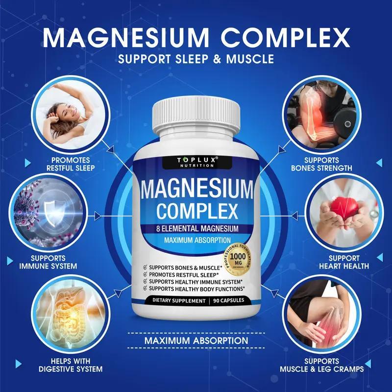 3x TopLux Nutrition Magnesium Complex 1000mg 90 Capsules 7 Elemental Sources Men Women Bone Muscle Sleep Immune Support Nature Decent Fitness Dietary Supplement Malate Taurate Chelated for Easy Absorption for Bones Muscle Recovery Energy