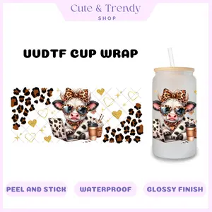 Highland Cow Cheetah Gold permanent UVDTF wraps for 16oz cups