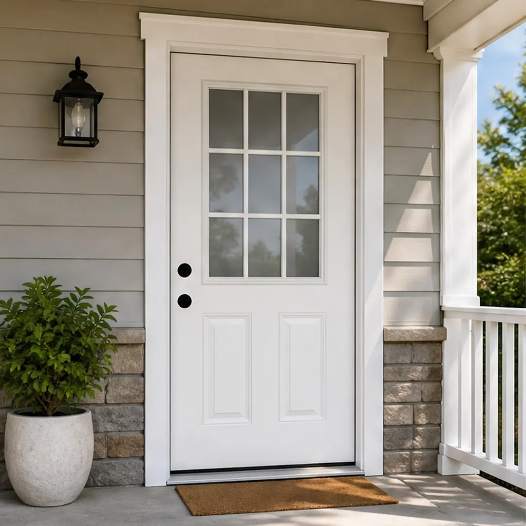 36x80 Fiberglass Energy-Saving Entry Door with Frame, 4-9/16 in. Jamb, 9-Lite Low-E Glass, Primed White Oak Wood Grain, Right Hand Inswing, Paintable, Weather-Resistant, Includes Hinges Threshold Brickmould, for Home Front Entrance, Energy-Saving Ent