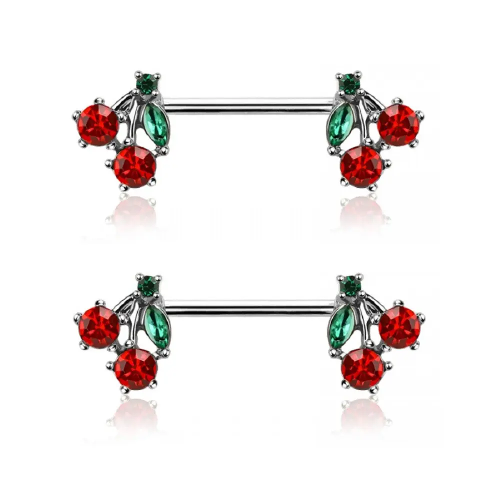 CZ Crystal Red Cherry Ends Nipple Barbells  - Stainless Steel - Pair