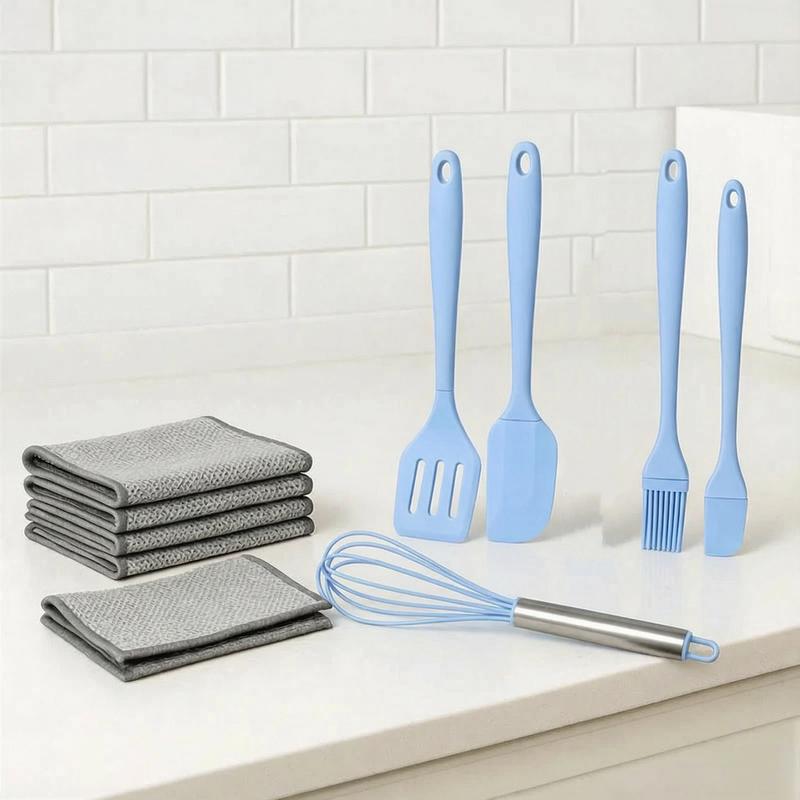 10 Counts Dishwashing Rags 30×30Multipurpose Non-Scratch Wire Dishcloths for Wet and Dry Use, Reusable Wire Cleaning Cloths for Kitchen, Sinks, and Pans Silver Removable, Washable & More Free 5-piece silicone kitchen utensil set (spatula, oil brush, etc.)