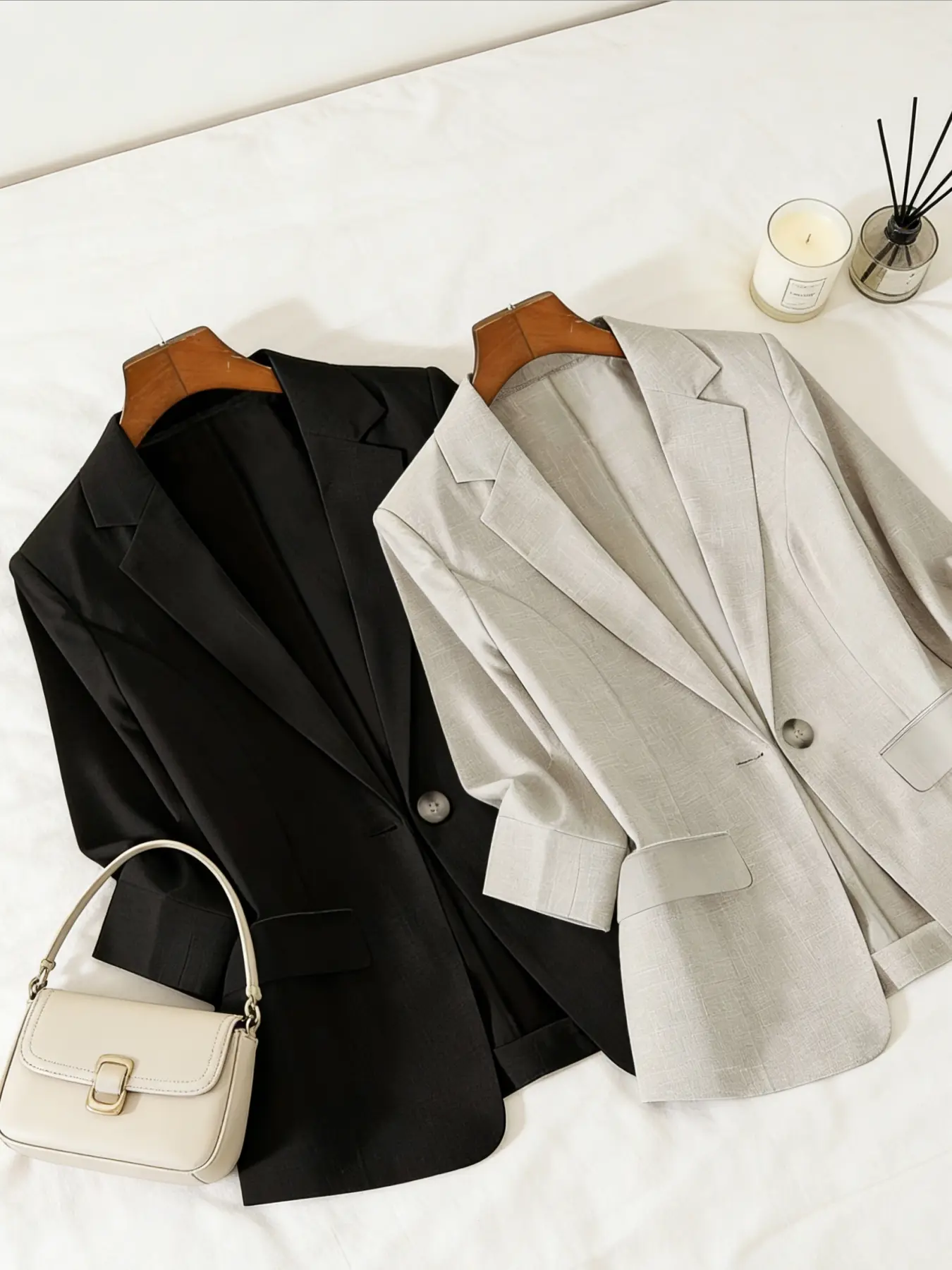 Women's two-piece plain color single-breasted double-pocket half-sleeve five-point suit jacket, Business Suit Set, Fitted Solid Button Blazer, suitable for spring and summer, commuting outfit, Minimalist, Office Wear, Office Clothes