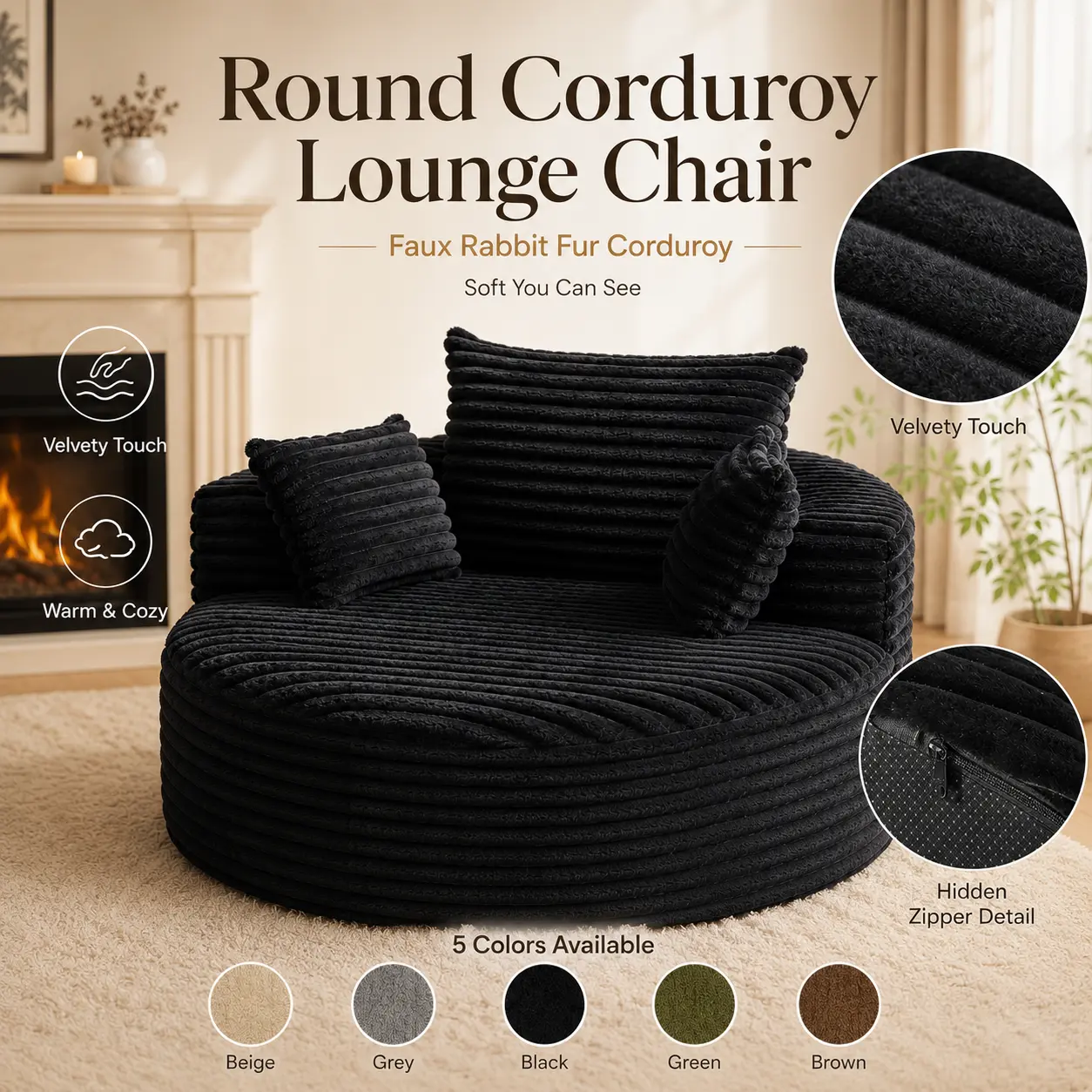 55'' L Corduroy Round Oversized Single Sleeper Chair with Pillow Back - Fully Assembled Modern Wide Arm Comfy 1-Piece Sofa Design, Fluffy Large Cushion for Living Room, Bedroom, Couples' Watch Party, Indoor Furniture