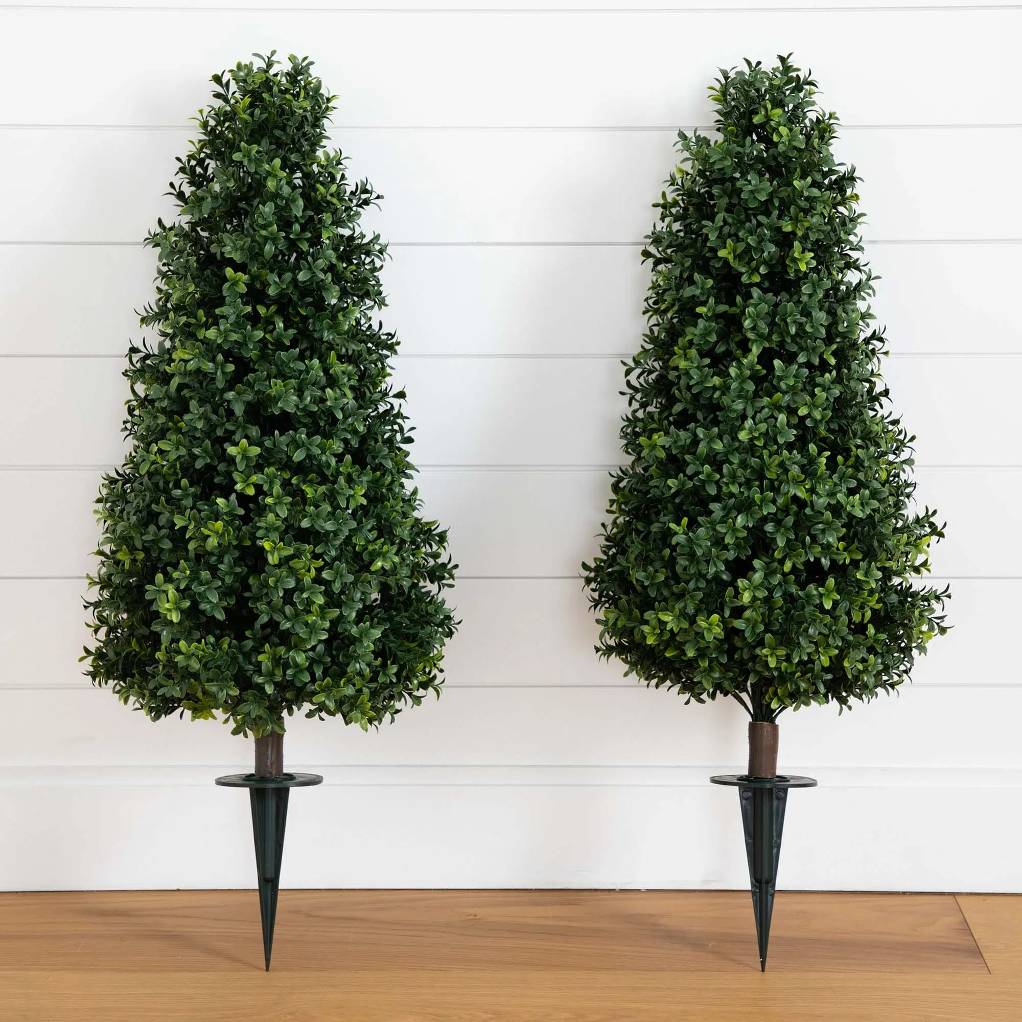 2-Piece 3ft UV-Resistant Synthetic Artificial Fake Flower Faux Plants Shrubs - Indoor/Outdoor Decorative Boxwood Plants with Integrated Ground Stake, Natural Look Landscaping Home Decor