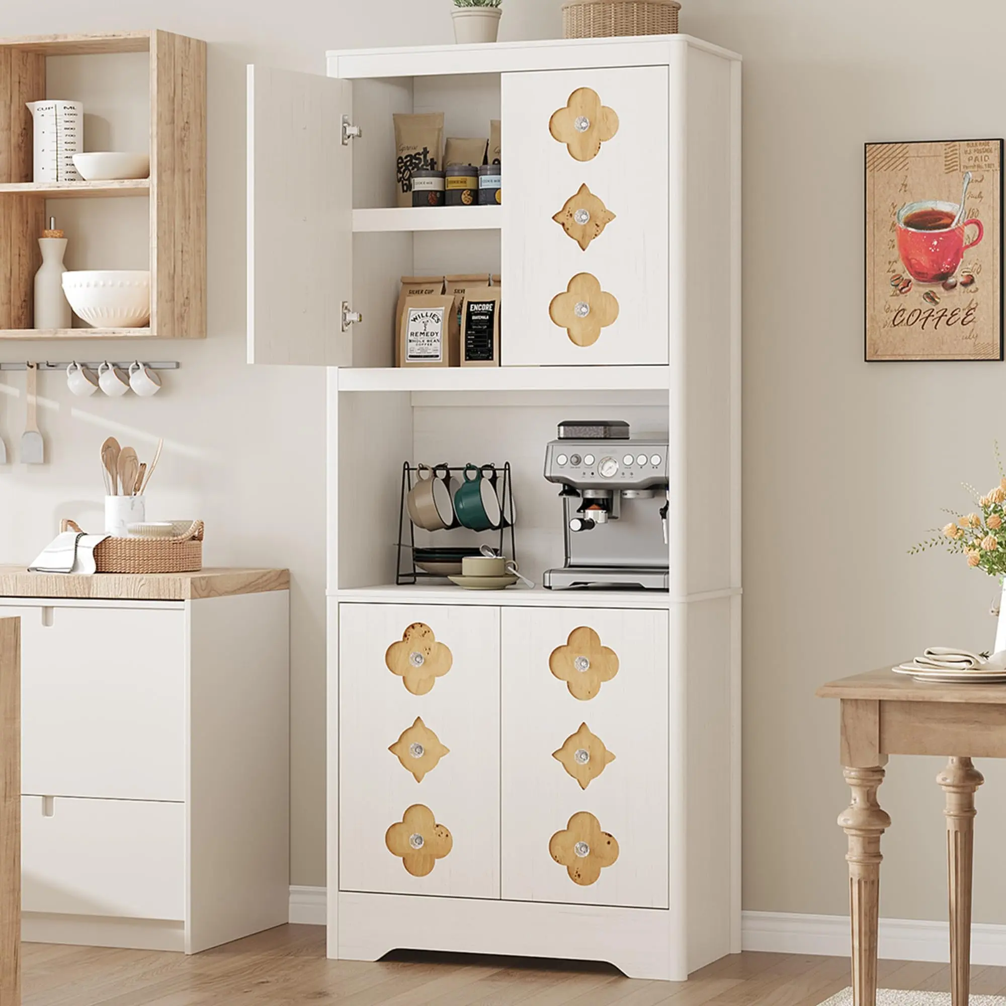 Garvee 72-Inch Tall Antique White Wood Grain Food Pantry Cabinet, Vintage-Chic Kitchen Storage with 15.7”×27.4” Open Microwave Shelf, Carved Doors, Crystal Knob Charm, 150-Lbs Capacity, Easy Setup, Wipes Clean Fast for Dining Room