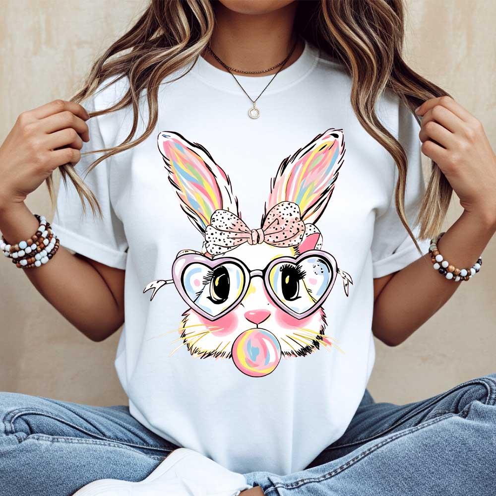 Cute Bunny Rabbit T-Shirt White Colorful Easter Bunny With Heart Glasses And Bubblegum Print For Spring And Holiday Wear