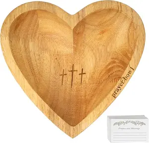 Wooden Heart Shaped Prayer Bowl with 24 Prayer Cards, Handcrafted Vintage Prayer Bowl with Cross & Letter Pattern, Religious Decorations for Home Living Room Bedroom Church, Christian Ornaments, Home Decor, New Year's Day Valentine's Day & Easter Sunday
