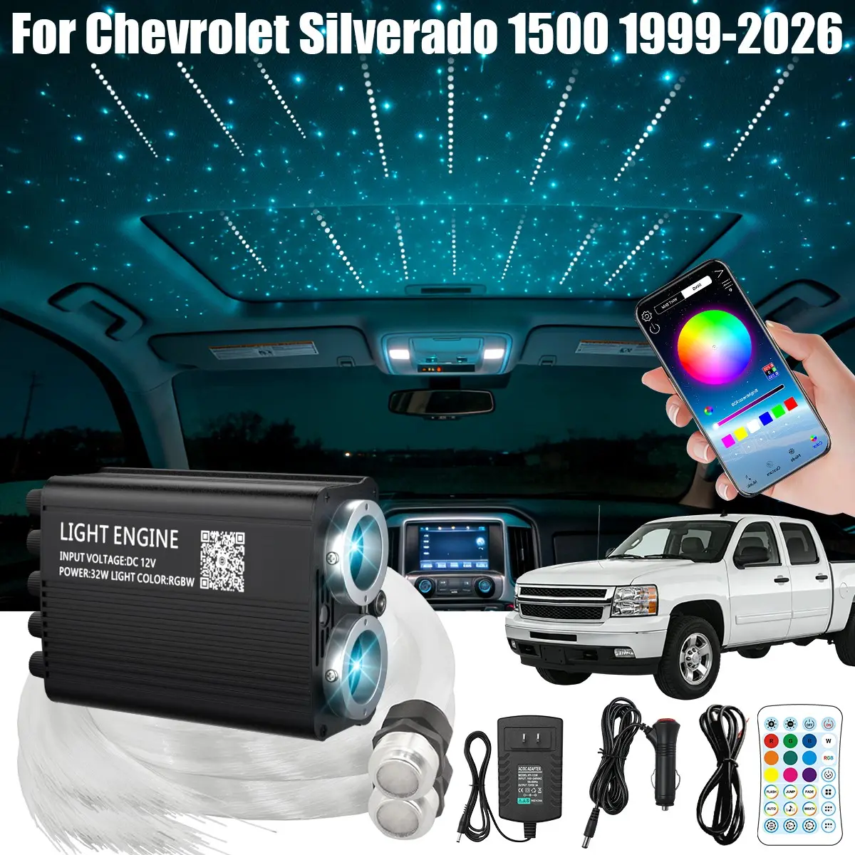 Starlight Headliner Kit for Chevrolet Silverado 1500 & Full Chevy Series, 300-1200pcs Fiber Optic Roof Lights, 16W/32W APP Remote Control with Steady/Twinkle/Meteor Modes, Summer Road Trip Essential, 2-Year Warranty, Car Ambient Lighting, Star Projector H