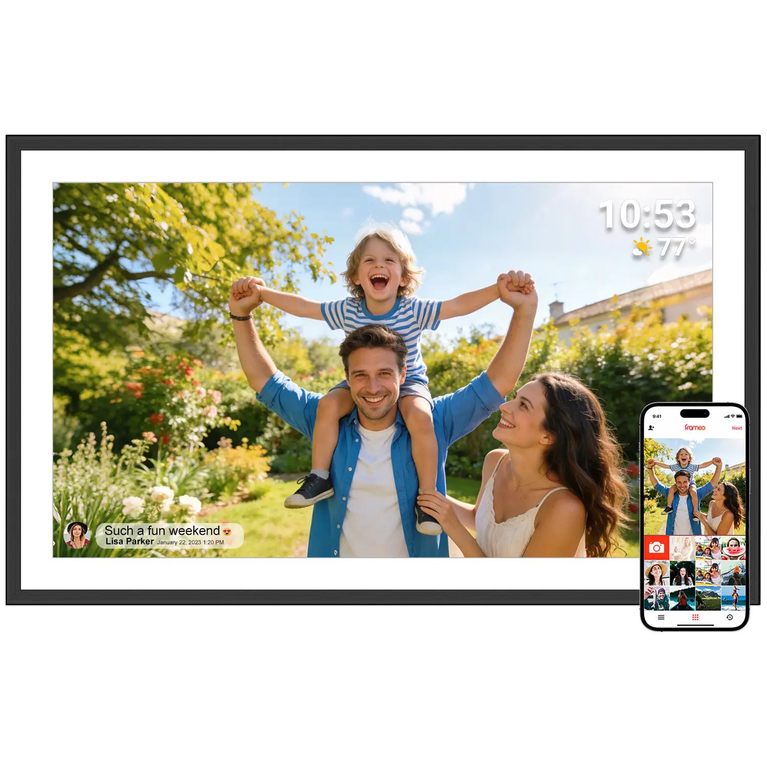 Frameo 15.6-Inch WiFi Detailed Photo Display Frame - IPS HD Touchscreen, Auto-Rotate, Wall-Mountable Plastic Rectangle Digital Frame, Camera Accessory for Photography Electronics Home Decor