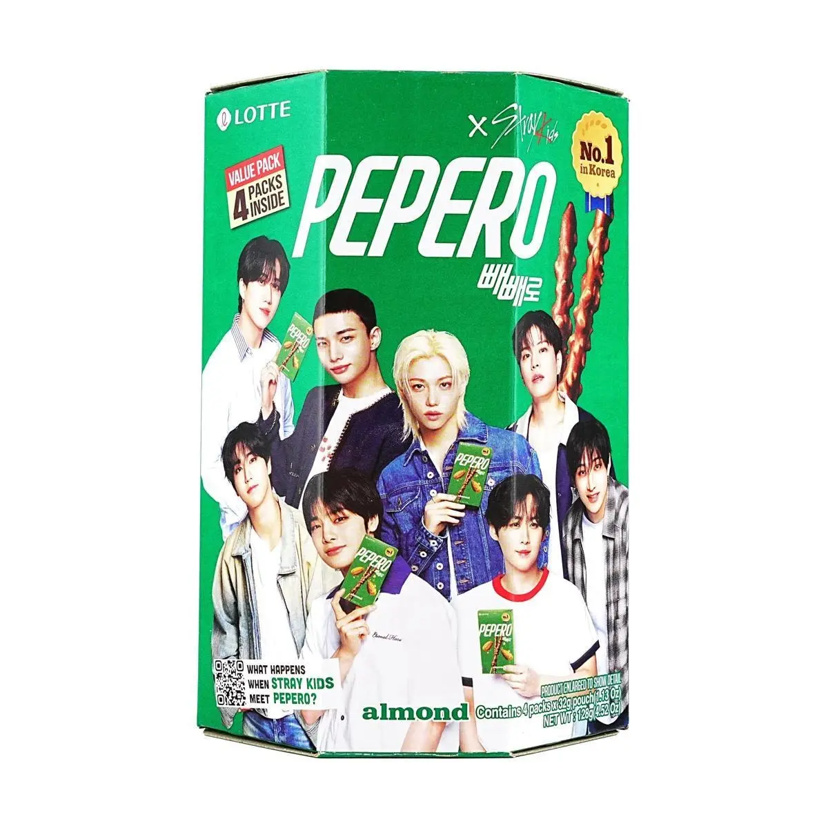 LOTTE Pepero Chocolate Almond Sticks 128g (4 Packs) - Korean Snack, Stray Kids Official Merch【Packaging May Vary】