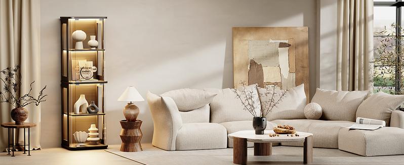 BROTTAR Rounded Display Cabinet with Glass Door, 4-Tier Curio Cabinet with 3 Color Lights for Collectibles, Glass Display Case with Transparent Full-Display Surface, Human Body Sensor, Black BROTTAR Rounded Display Cabinet with Glass Door, 4-Tier Curio Cabinet with 3 Color Lights for Collectibles, Glass Display Case with Transparent Full-Display Surface, Human Body Sensor, Black