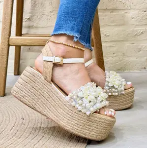 IVY Sandal Platform Shoe with 8cm Height Featuring Floral Embellishments and Beads Elegant Party Footwear