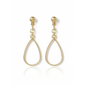 Gold Open Teardrop Clip On Dangling Earrings