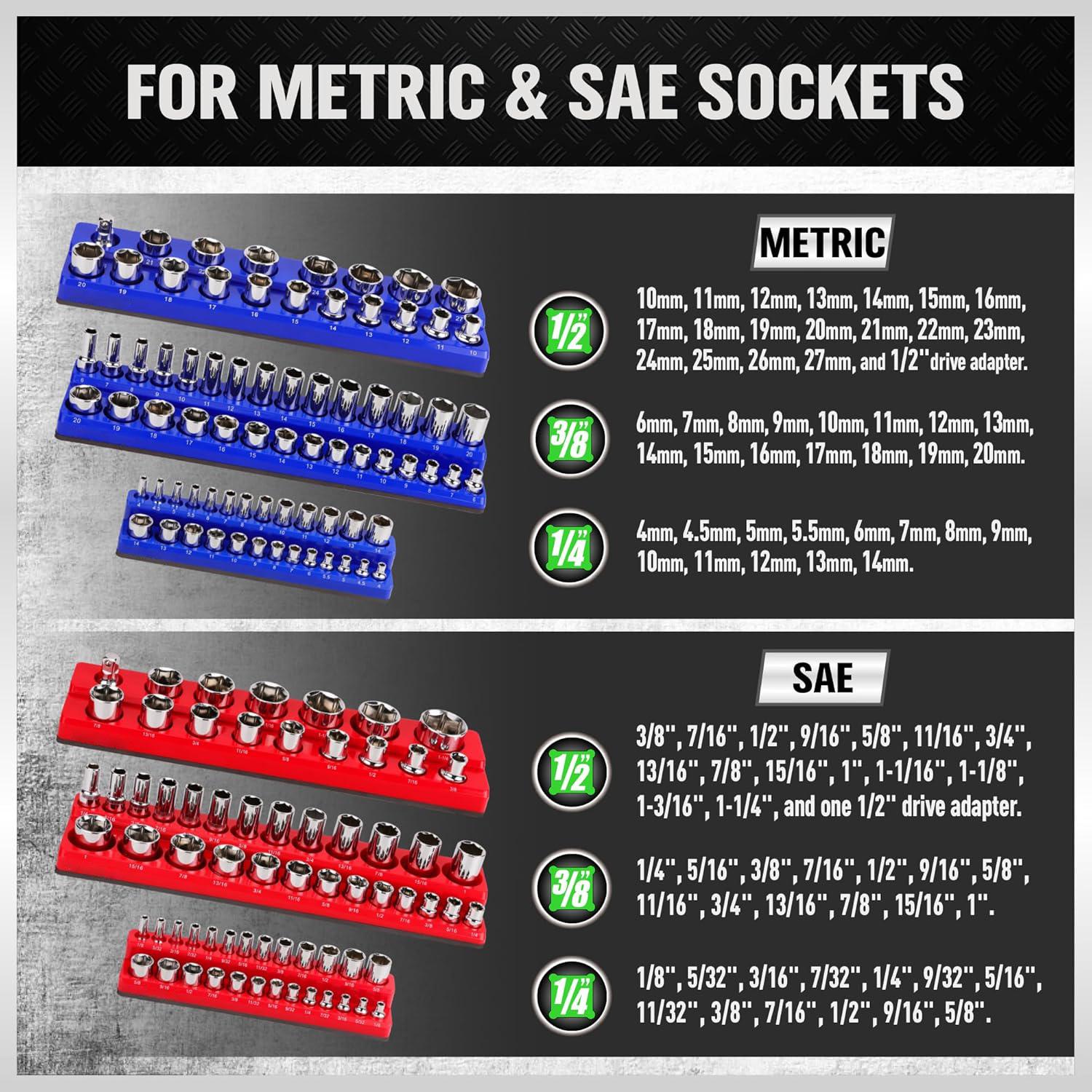 Magnetic Socket Organizer, 6 Piece Socket Holder Kit, 1/2-inch, 3/8-inch, 1/4-inch Drive, Holds 143 SAE&Metric Sockets, Red & Blue, Professional Quality Tools Organizer Hardware Heavy Duty #TikTokShopBlackFriday