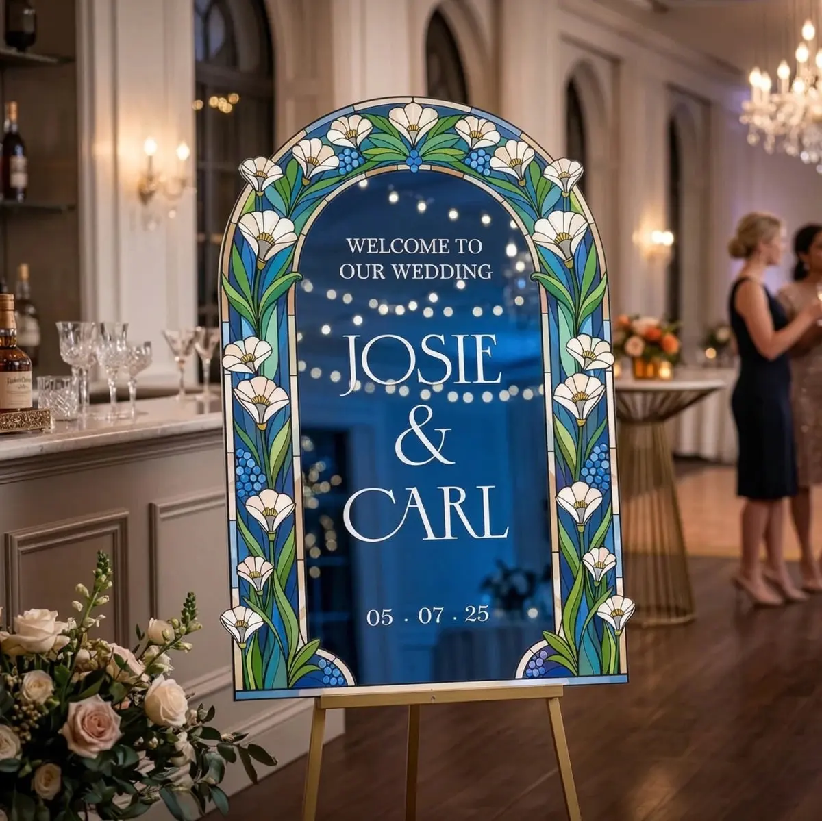 Blue Wedding Welcome Sign, Floral Mirror Wedding Sign