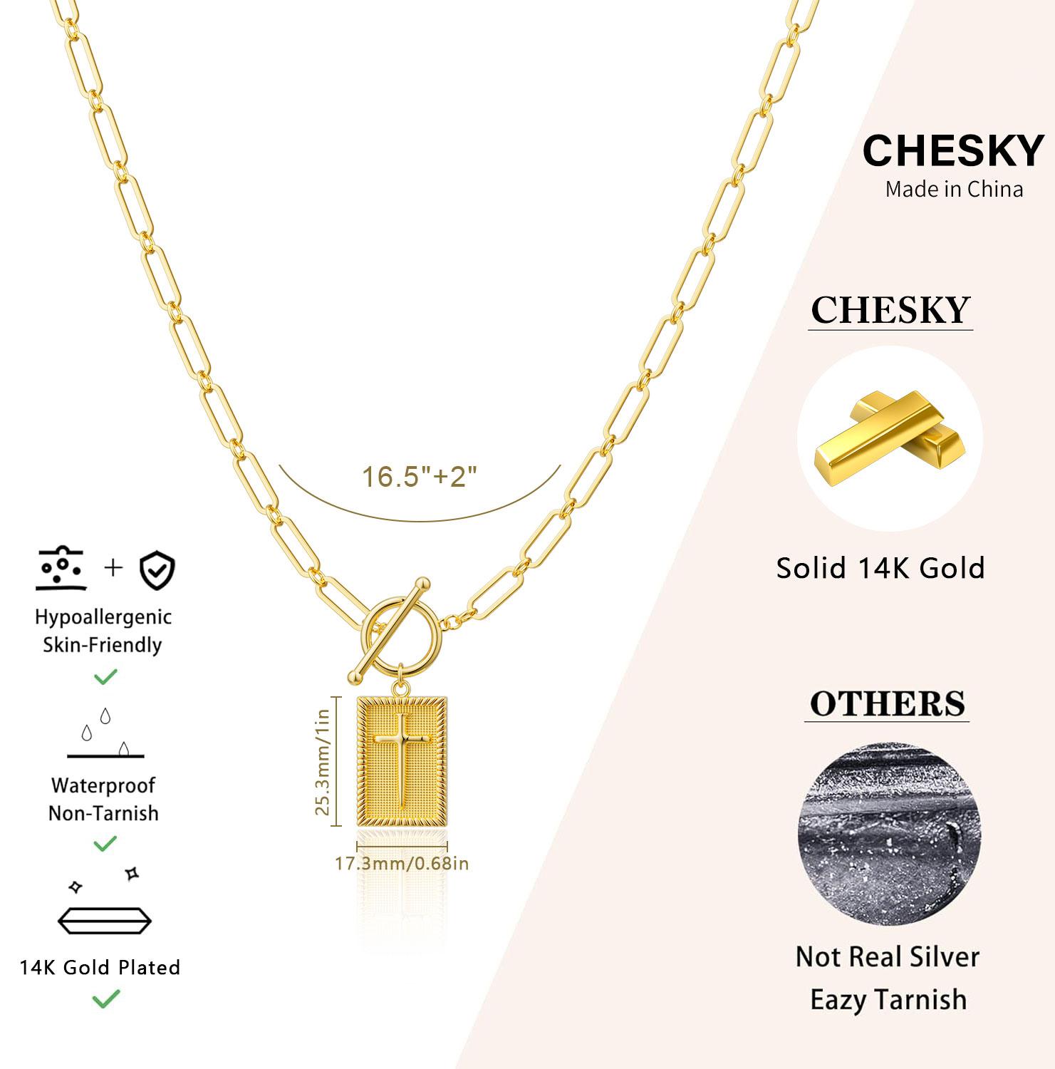 TEWIKY 14K Gold Plated 5mm Small Circle Spacer Paperclip OT Clasp Square Tag Cross Necklace, Easter Gift for Various Occasions