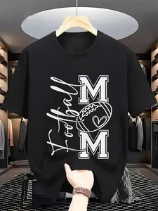 Women's Football Mom T-Shirt - Soft Cotton Tee with Bold 'Football' Script & Graphic - Machine Washable Sports Mom Gift for Game Day, Gym, Casual Attire - All-Season Black Shirt for American Football Fans, Gym Workout Top, Casual Round Neck, Durable Const