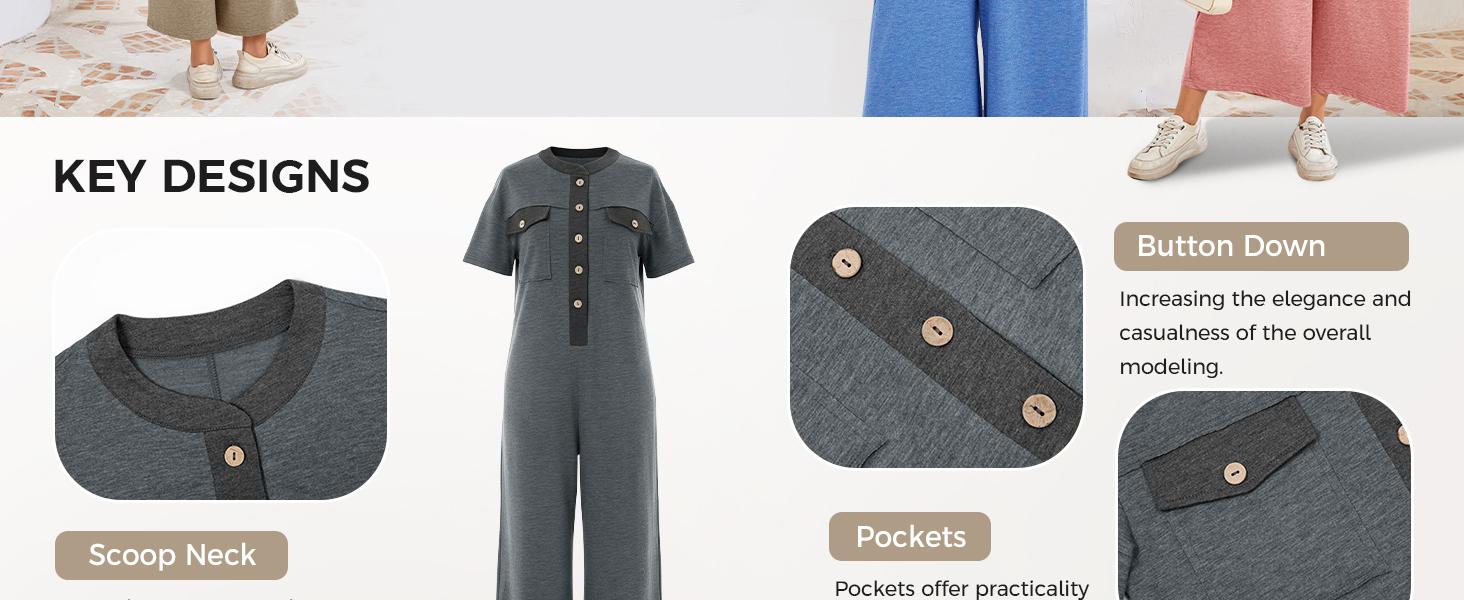 Fisoew Womens Casual Loose Jumpsuits Short Sleeve V-Neck Button Down One Piece Outfits Wide Leg Summer Long Pant Rompers with Pockets #Springtok #TikTokShopJumpstartSale