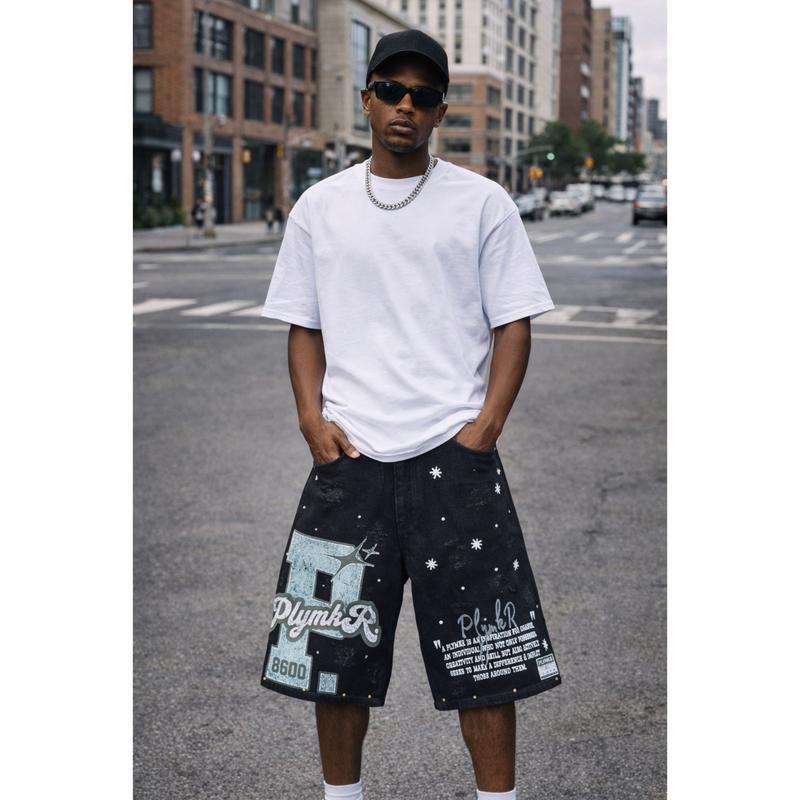 PLYMKR "Influence" Black Graphic Denim Jorts (8600)