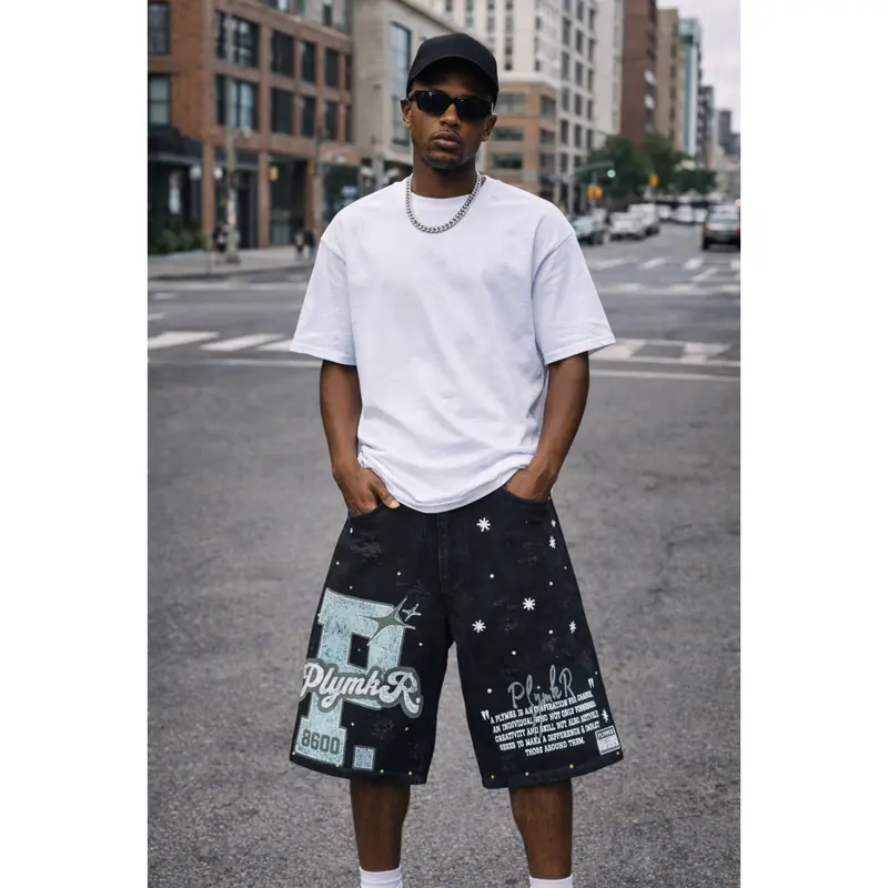 PLYMKR "Influence" Black Graphic Denim Jorts (8600)