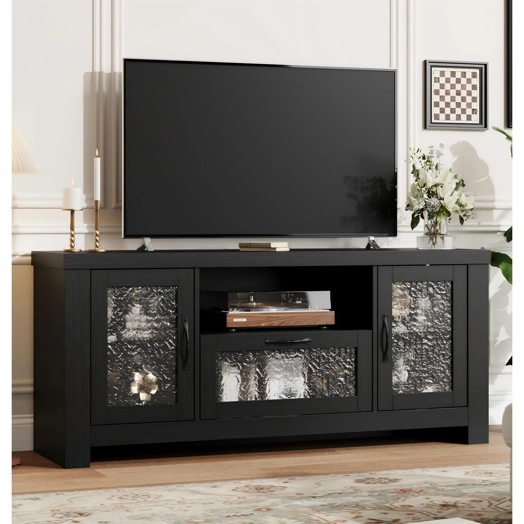 Garvee Farmhouse Television Stand for 65-Inch Screens, Black Indoor Cabinet with Acrylic Doors, Adjustable Shelves & Storage for Living Room or Bedroom, Tv Media Stand,dorm essentials,home decor