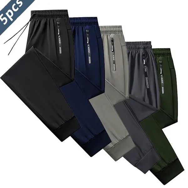 Men's 5PCS Ice Silk Streetwear Jogger Pants - Athletic, Comfy, Ultra-Stretch, Weightless, High Elasticity, Closed Drawstring, Zipper Pocket, Quick Drying, Breathable, Thin, Slim Fit for Gym & Outdoor Activities, Athletic Men's Pants, Comfy Men's Pants