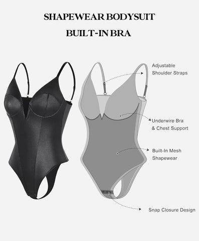 Popilush Elastic Deep V-Neck Leather Shapewear Thong Bodysuit  Adjustable Soft Breathable Fabric