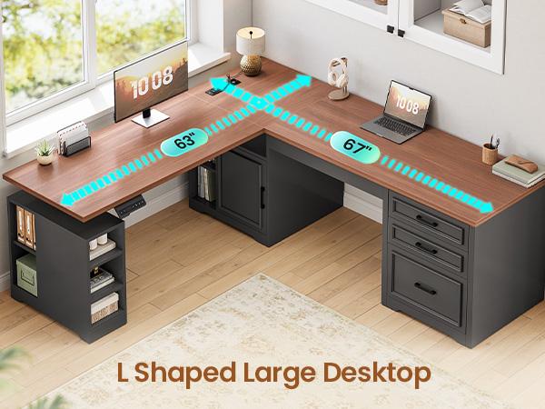 SEDETA Farmhouse L Shaped Electric Standing Desk, 63" x 67" Height Adjustable Home Office Executive Desk with Drawers and Shelves, Standing Computer Desks with Power Outlet for Home Office